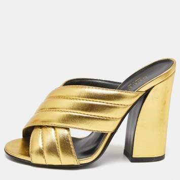 Pre Owned Gucci Metallic Gold Leather Webby Slide Sandals Size 37