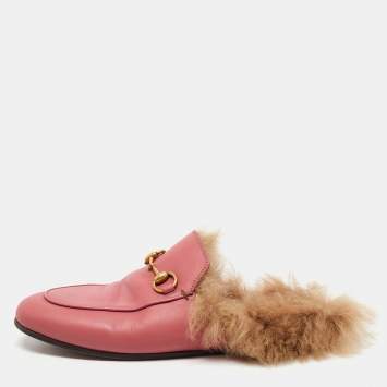 Pre Owned Gucci Prink Leather and Fur Princetown Mules Size 36