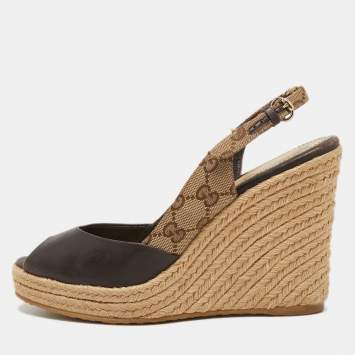 Pre Owned Gucci Brown Monogram Canvas and Leather Slingback Wedge Pumps Size 39.5