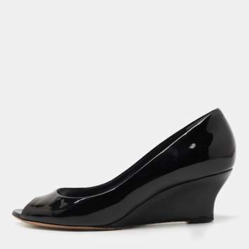 Pre Owned Gucci Black Patent Leather Peep Toe Wedge Pumps Size 36