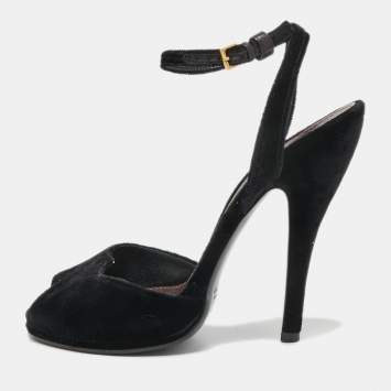 Pre Owned Gucci Black Velvet Peep Toe Platform Ankle Strap Sandals Size 38