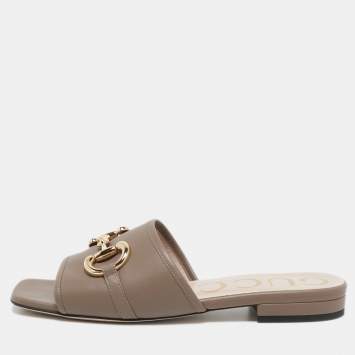 Pre Owned Gucci Brown Leather Horsebit Flat Slides Size 36