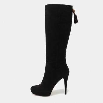 Pre Owned Gucci Black Suede Bamboo Tassel Knee Length Platform Boots Size 40