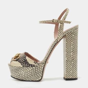 Pre Owned Gucci Black/Beige Python Claudie Sandals Size 39.5