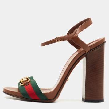Pre Owned Gucci Brown Leather Web Horsebit Ankle Strap Block Heel Sandals Size 38.5