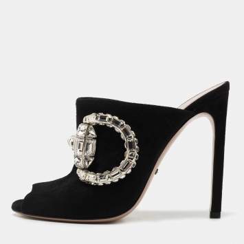 Pre Owned Gucci Black Suede Crystal Embellished Maxime Mules Size 38