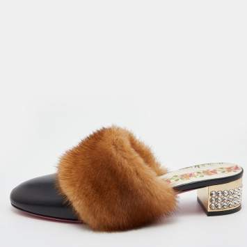 Pre Owned Gucci Black Leather and Mink Fur Candy Embellished Mules Size 37.5