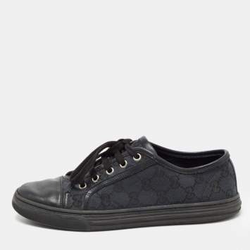 Pre Owned Gucci Blue/Black GG Canvas And Leather Cap Toe Low Top Sneakers Size 37.5