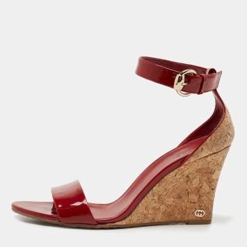 Pre Owned Gucci Dark Red Patent Leather and Cork Wedge Ankle Strap Sandals Size 40