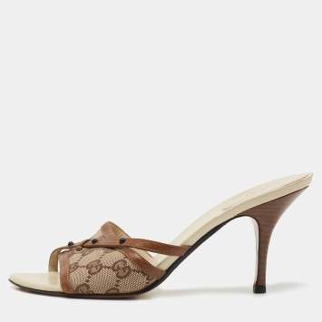 Pre Owned Gucci Brown Leather and GG Canvas Slides Size 40