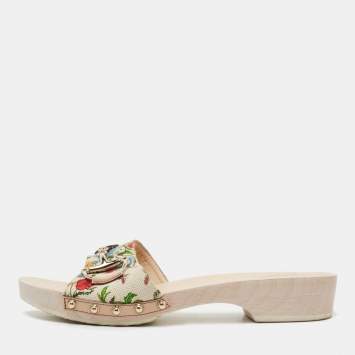 Pre Owned Gucci White Floral Print Canvas and Leather Icon Bit Wooden Clogs Size 41