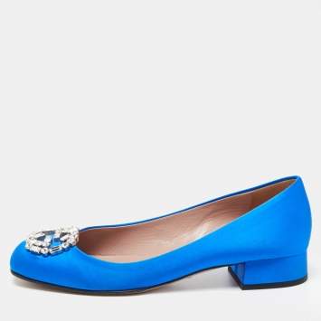 Pre Owned Gucci Blue Satin Interlocking G Ballet Flats Size 39