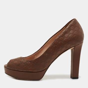 Pre Owned Gucci Brown Microguccissima Leather Peep Toe Platform Pumps Size 37.5