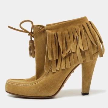 مملوكة مسبقًا Gucci Mustard Suede Fringe Ankle Length Boots Size 36.5 