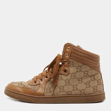 Pre Owned Gucci Brown GG Canvas and Leather Lace Up High Top Sneakers Size 36.5