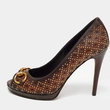 Pre Owned Gucci Brown Leather New Hollywood Studded Horsebit Peep Toe Pumps Size 37.5