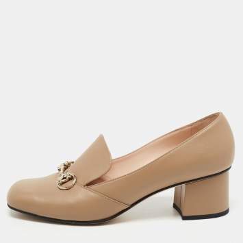 Pre Owned Gucci Beige Leather Horsebit Block Heel Loafer Pumps Size 40