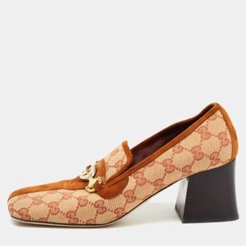 Pre Owned Gucci Beige/Brown GG Canvas and Suede Square Toe Block Heel Pumps Size 38.5