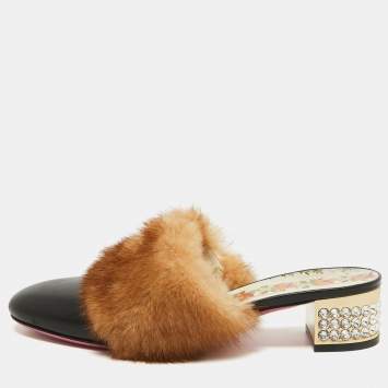 Pre Owned Gucci Black Leather and Mink Fur Candy Embellished Mules Size 36