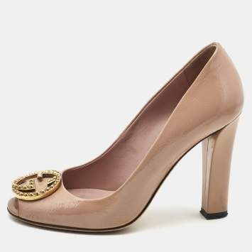 Pre Owned Gucci Dusty Pink Patent Leather Interlocking G Peep Toe Pumps Size 37.5