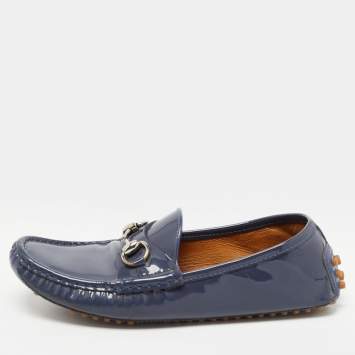 Pre Owned Gucci Blue Patent Leather Horsebit Slip On Loafers Size 36.5