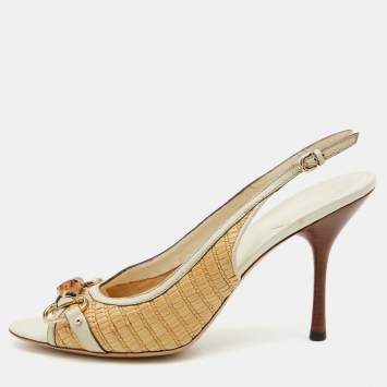 Pre Owned Gucci Beige/Cream Raffia and Leather Bamboo Horsebit Slingback Pumps Size 41