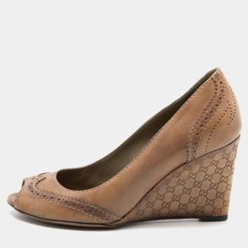 Pre Owned Gucci Brown Brogue Leather Wedge Peep Toe Pumps Size 36.5