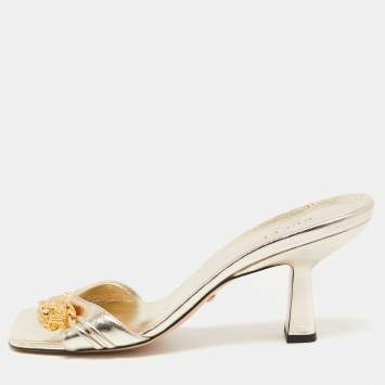Pre Owned Gucci Gold Leather Crystal Embellished Dora Slide Sandals Size 38