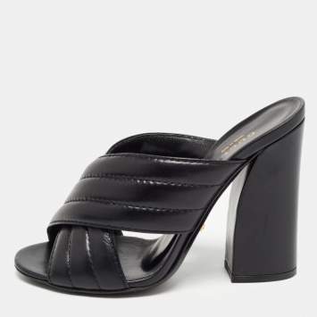 Pre Owned Gucci Black Quilted Leather Webby Criss Cross Open Toe Mules Size 37