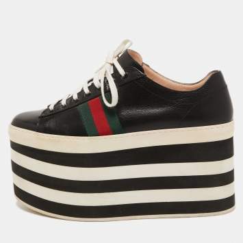 Pre Owned Gucci Black Leather Peggy Ace Platform Sneakers Size 40