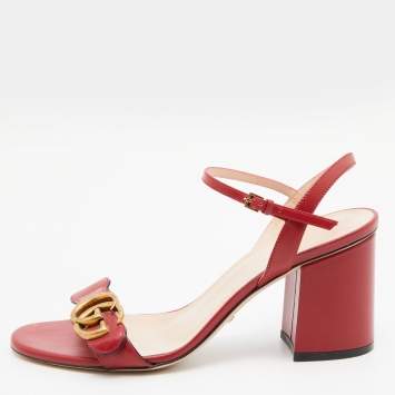 Pre Owned Gucci Red Leather GG Marmont Ankle Strap Sandals Size 37.5