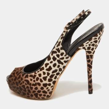 Pre Owned Gucci Brown/White Leopard Print Calf Hair Sofia Platform Slingback Sandals Size 39.5