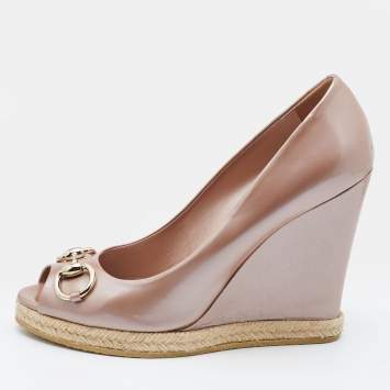 Pre Owned Gucci Pink Patent Leather Horsebit Peep Toe Wedge Pumps Size 40