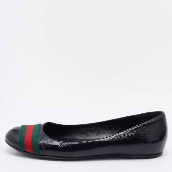 Pre Owned Gucci Black Leather Web Ballet Flats Size 37