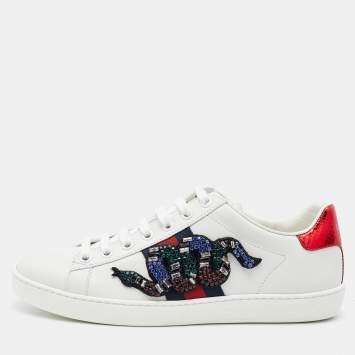 Pre Owned Gucci White Leather Embellished Snake Ace Low-Top Sneakers Size 37