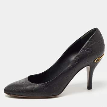 Pre Owned Gucci Black Guccissima Leather Horsebit Heel Pumps Size 37.5
