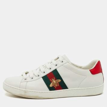 Pre Owned Gucci White Leather Embroidered Bee Ace Sneakers Size 36