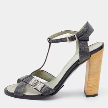 Pre Owned Prada Deep Green Ostrich Leather Ankle Strap Block Heel Sandals Size 36