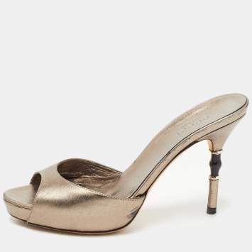 Pre Owned Gucci Metallic Bronze Leather Slide Sandals Size 35