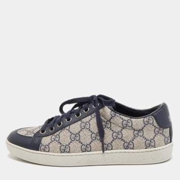 Pre Owned Gucci Beige/Navy Blue GG Supreme Canvas and Leather Low Top Sneakers Size 36