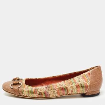 Pre Owned Gucci Multicolor GG Raffia and Leather Cap Toe Horsebit Ballet Flats Size 39