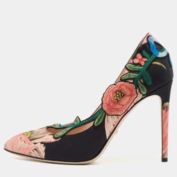 Pre Owned Gucci Black/Pink Floral Satin Ophelia Pumps Size 40.5