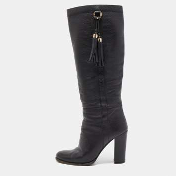Pre Owned Gucci Black Leather Bamboo Tassel Knee Length Boots Size 39