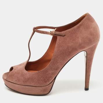 Pre Owned Gucci Pink Suede Peep Toe Platform T-Strap Pumps Size 39