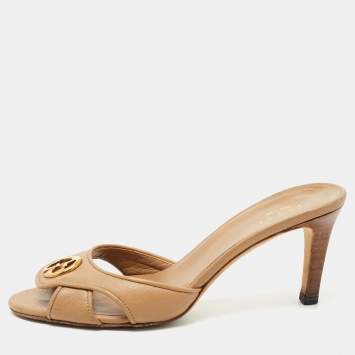 Pre Owned Gucci Brown Leather Interlocking G Buckle Slide Sandals Size 35.5