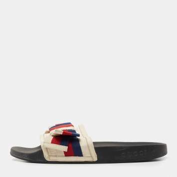 Pre Owned Gucci Tricolor Satin and Canvas Web Bow Slides Size 40