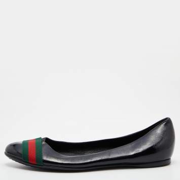 Pre Owned Gucci Black Patent Leather Web Stripe Ballet Flats Size 39