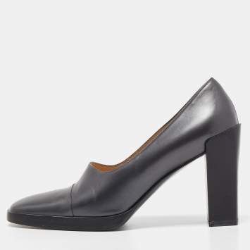 Pre Owned Gucci Dark Grey Leather Square Toe Platform Pumps Size 37 