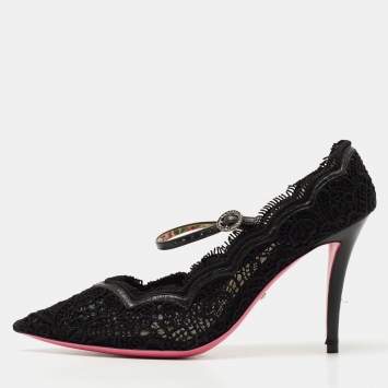 Pre Owned Gucci Black Mesh and Lace Virginia Mary Jane Pumps Size 38.5