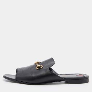 Pre Owned Gucci Black Leather Malaga Horsebit Flat Slides Size 38